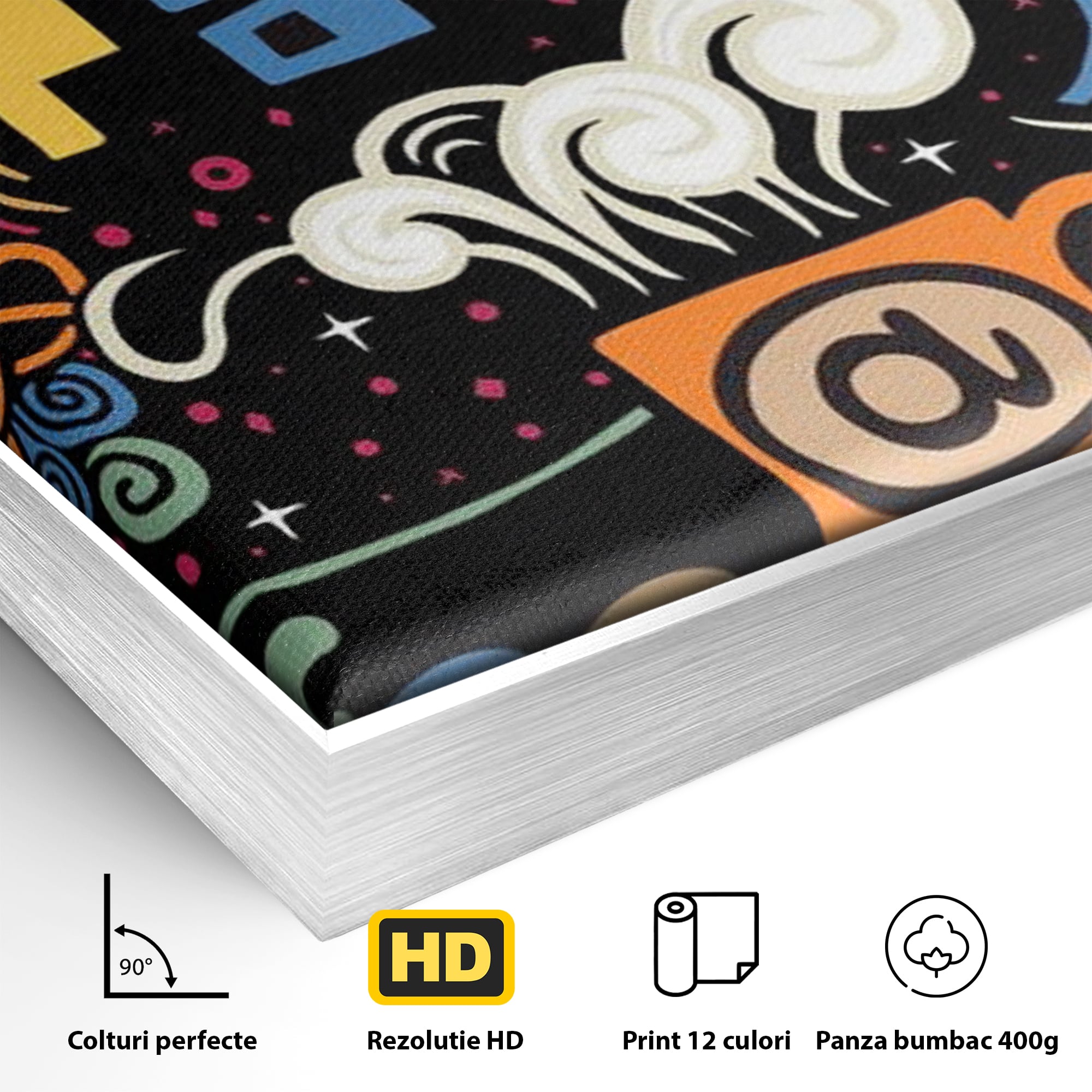 Detaliu al suprafetei: tablou canvas cu ilustratie cafea si doodle, in rama de aluminiu argintiu